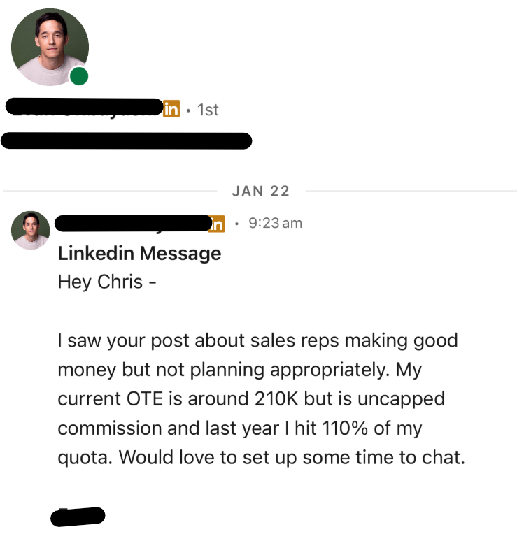 LinkedIn DM from sales rep with 210K OTE wanting to chat